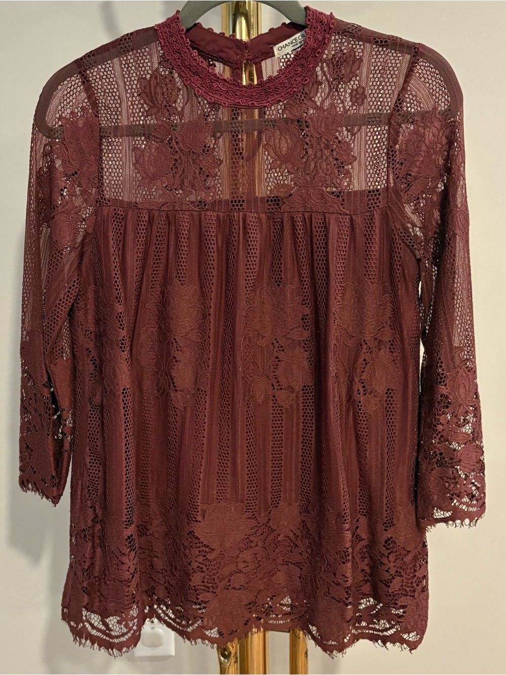 M Oxblood Floral Lace Blouse High Button Neck Wide Sleeve Whimsigoth Victorian